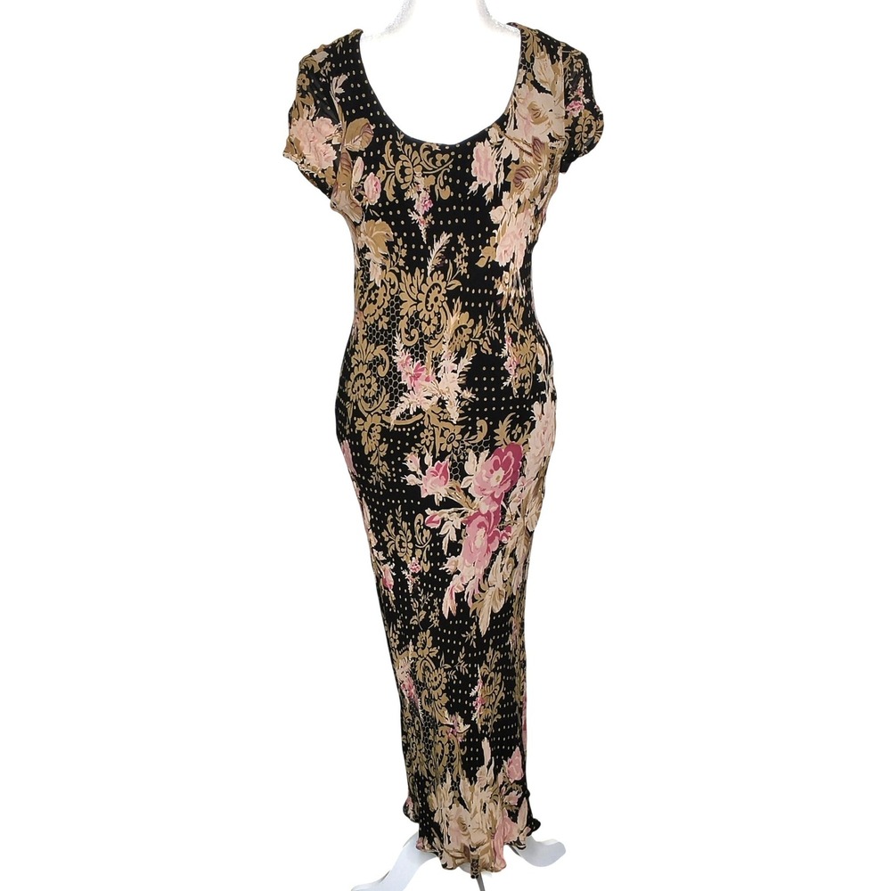 Whimsigoth Majick Maxi Dress Women Medium Black Pink Floral Damask Rayon Boho